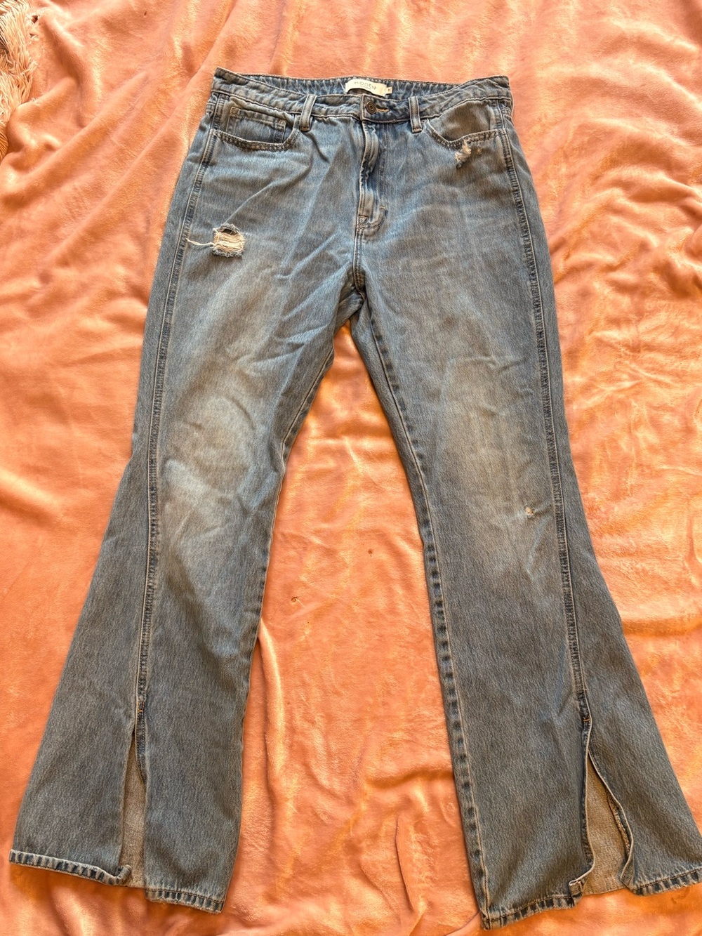 Women's Vintage-Style Distressed Blue Jeans with Leg Slits